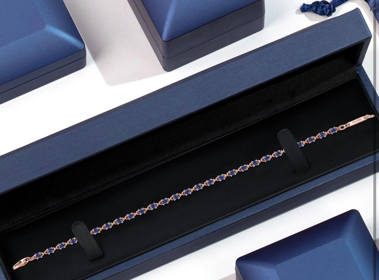 Blue Created Sapphire Tennis Bracelet Rose Gold 925 Sterling Silver 1.76 Carats 2.5MM Gemstone