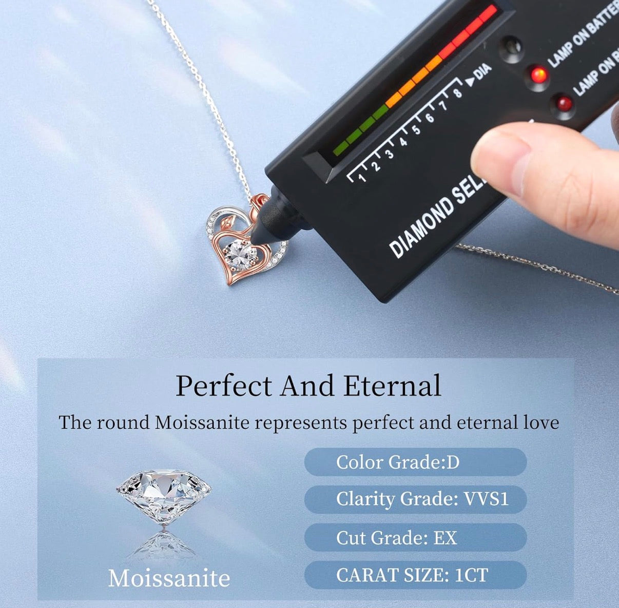 Sterling Silver 0.7 CT Moissanite Heart Necklace with Rose Gold