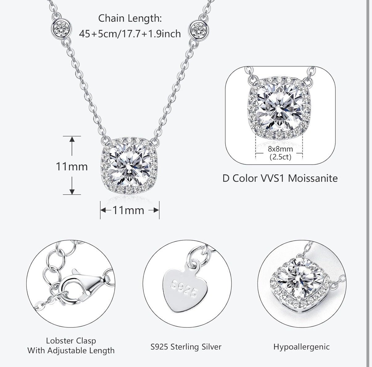 2.5CT Moissanite Pendant Necklace Cushion Cut D Color VVS1 925 Sterling Silver Halo Pendant.