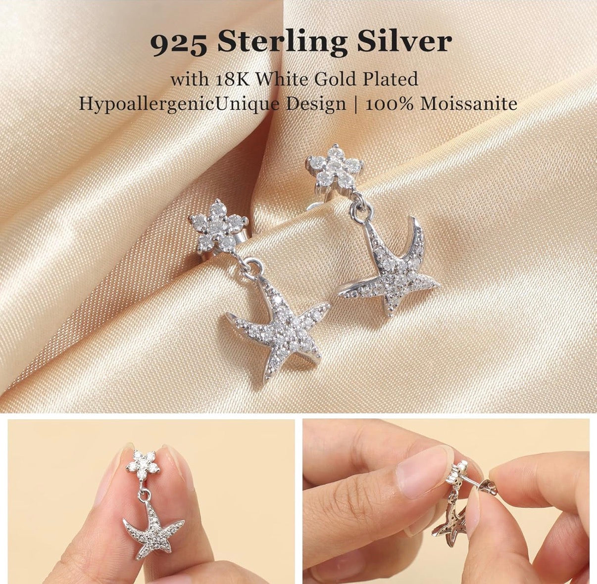 Moissanite StarFish Earrings D Color VVS1 Clear Moissanite Earrings 18K Gold Plated 925 Sterling Silver