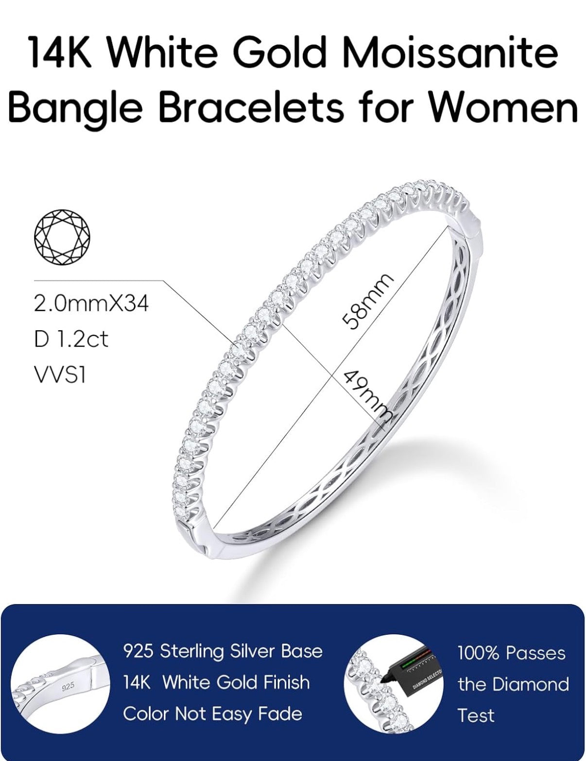 14K Gold Moissanite Bangle Bracelets for Women 2.7 Carats D Color VVS1 Clarity 3EX Cut S925 Sterling Silver.