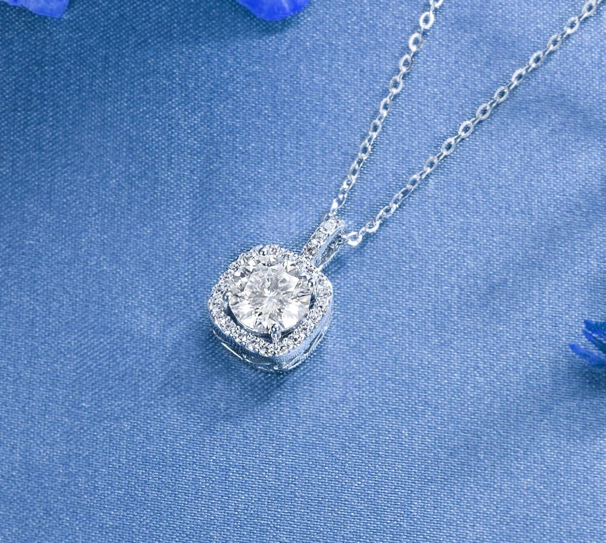 1 Carat Square Halo Style Moissanite 925 Sterling Silver Pendant Necklace Silver Earrings 18K White Gold Plated