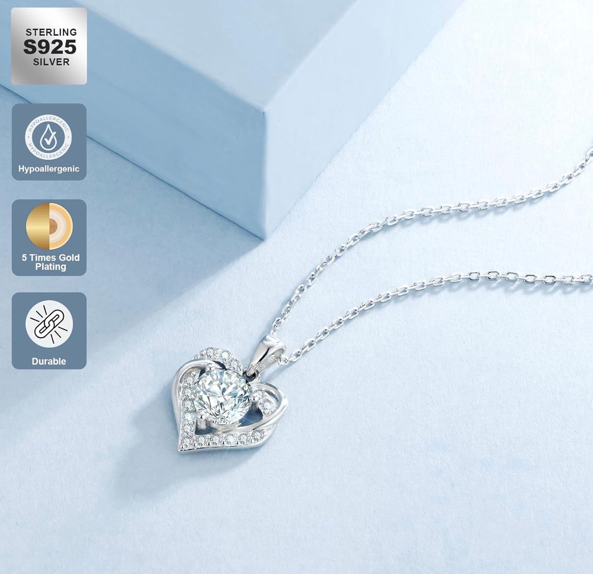 Moissanite Heart Necklace for Women, 0.3CT-1.0CT Lab Created Diamond with VVS1 Clarity D Color Moissanite Chain, White Gold Plated S925 Sterling Silver Necklace