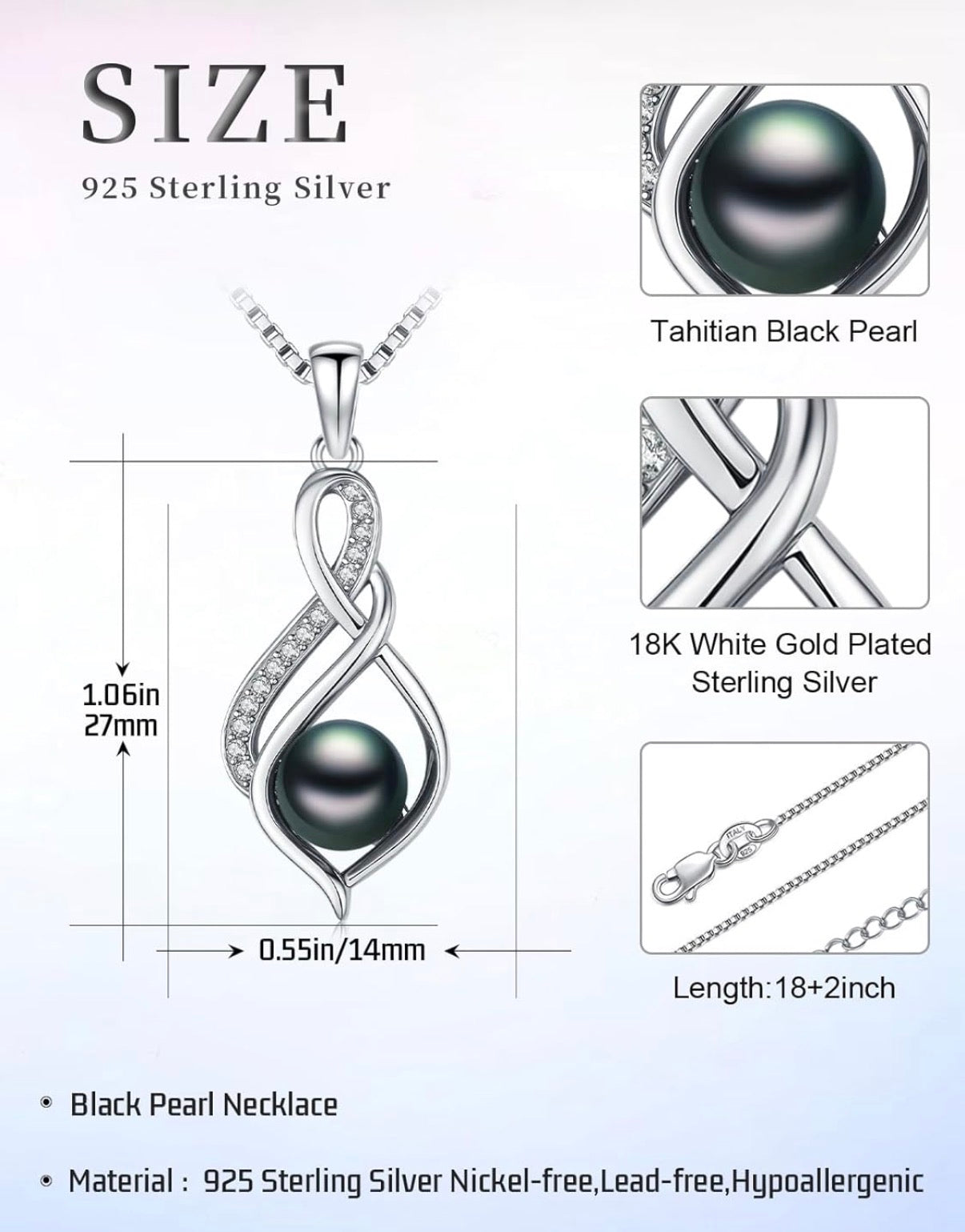 Tahitian Black Pearl AAAA 18K Gold Plated Sterling Silver Pendant Necklace for Women