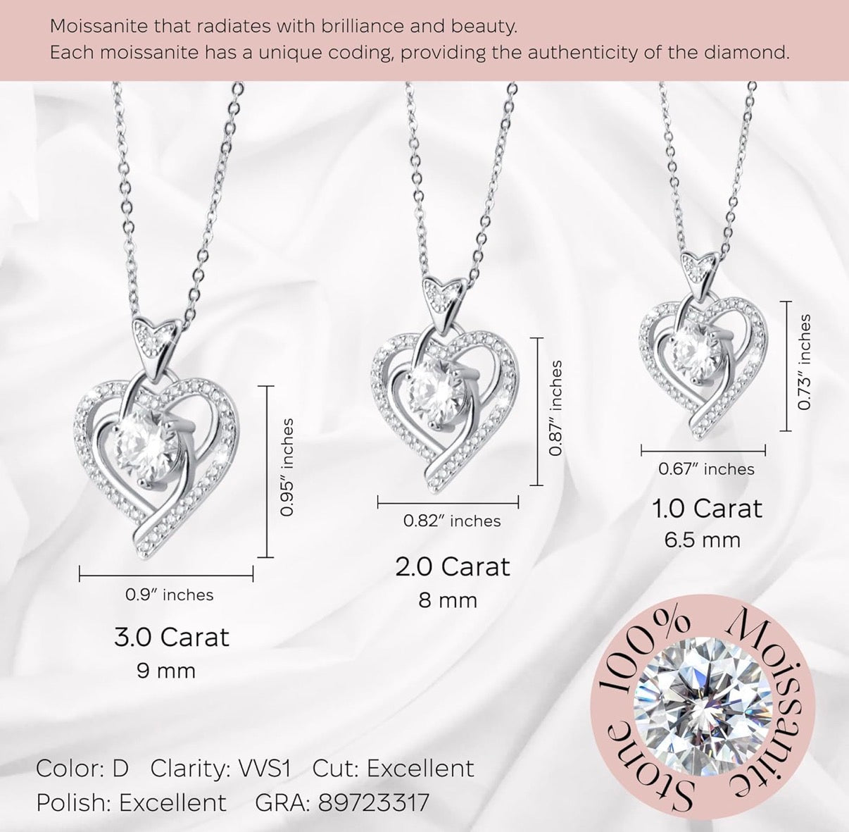 1 Ct Moissanite Pendant Necklace for Women – 925 Sterling Silver for Women Heart Pendant, Dainty Silver.