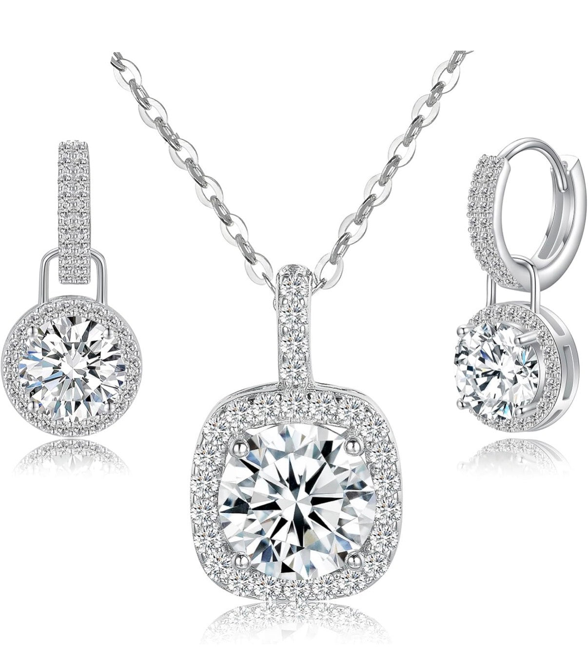 1 Carat Square Halo Style Moissanite 925 Sterling Silver Pendant Necklace Silver Earrings 18K White Gold Plated