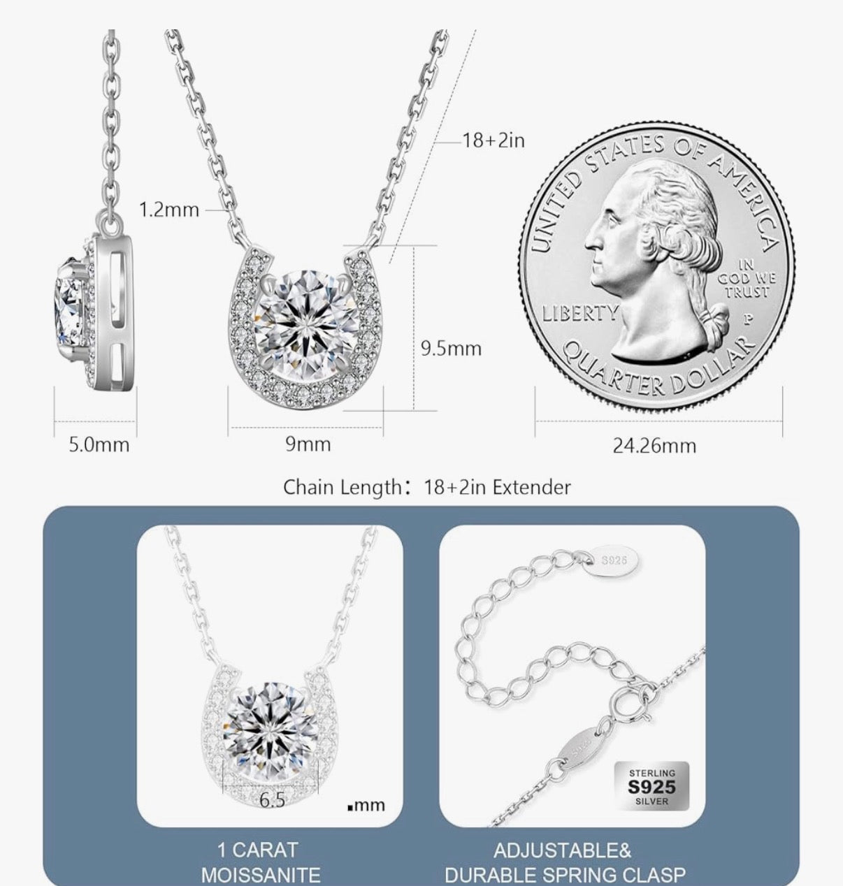 Moissanite Horseshoe Necklace for Women, 0.3CT-1.0CT Lab Created Diamond with VVS1 Clarity D Color Moissanite Chain, White Gold Plated S925 Sterling Silver Necklace