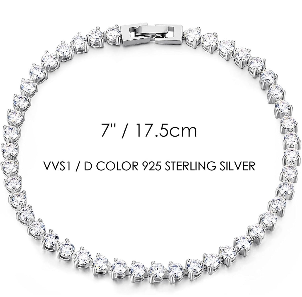 Moissanite Sterling Silver Tennis Bracelet:White Gold Plated 925 Silver Chain - Gold Prong Setting Sparkling VVS1 Solitaire