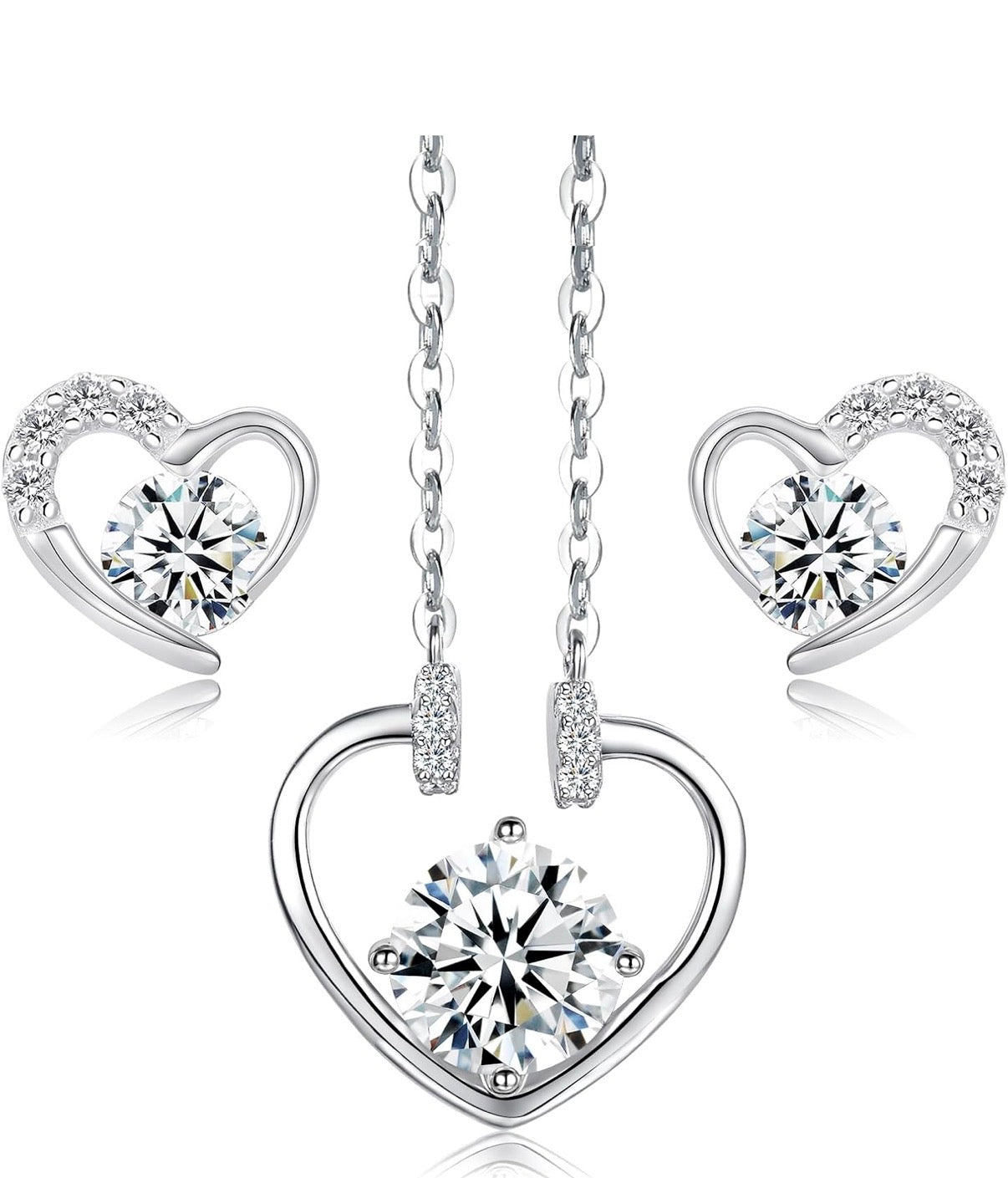 1 Carat Mossanite Heart 925 Sterling Silver Pendant Necklace Silver Earrings 18K White Gold Plated Jewelry Set