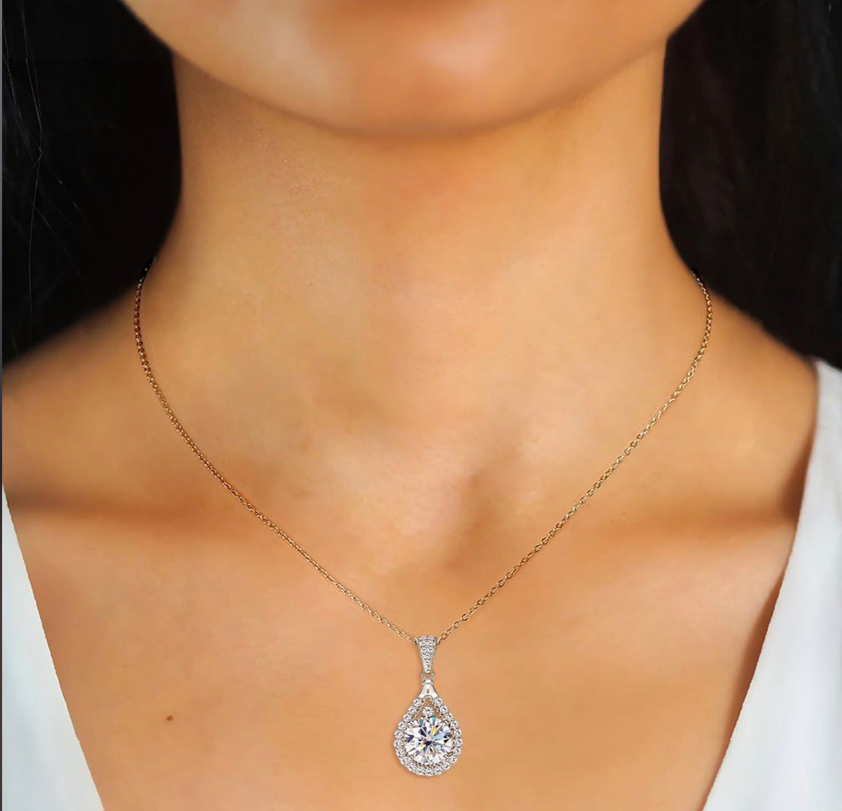 1 Carat Moissanite Engagement Pendant Necklace, D Color VVS1 Clarity 925 Sterling Silver Pear Shaped