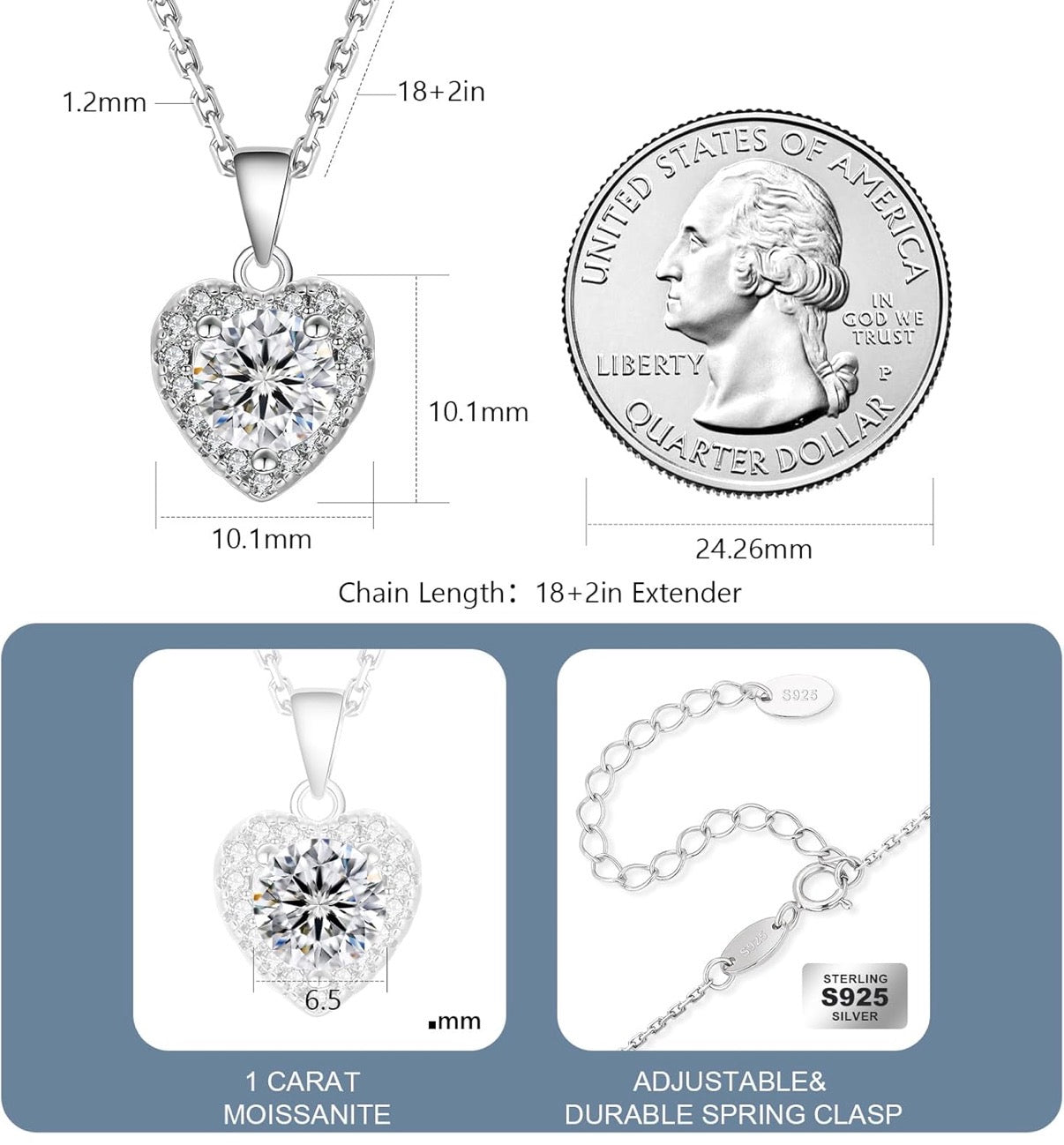 Moissanite Heart Necklace for Women, 0.3CT-1.0CT Lab Created Diamond with VVS1 Clarity D Color Moissanite Chain, White Gold Plated S925 Sterling Silver Necklace