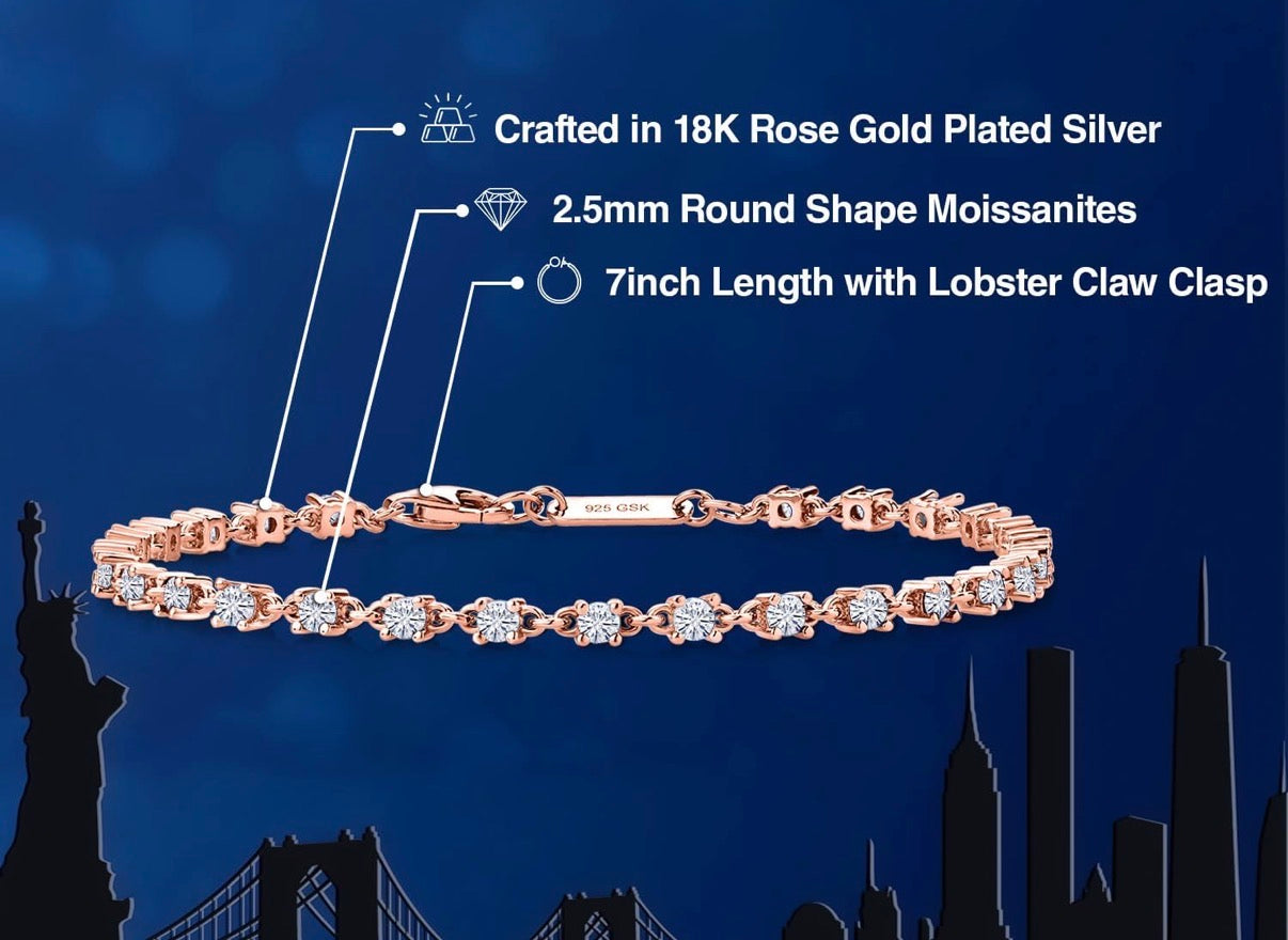 Moissanite Tennis Rose Gold Bracelet 925 Sterling Silver 1.76 Carat Round 2.5MM 7 Inch
