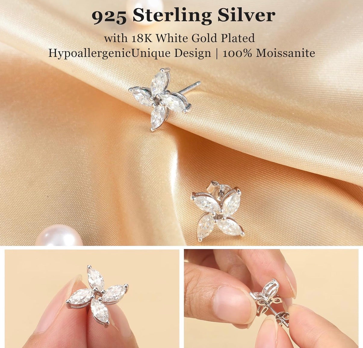 Moissanite PinWheel Earrings D Color VVS1 Clear Moissanite Earrings 18K Gold Plated 925 Sterling Silver