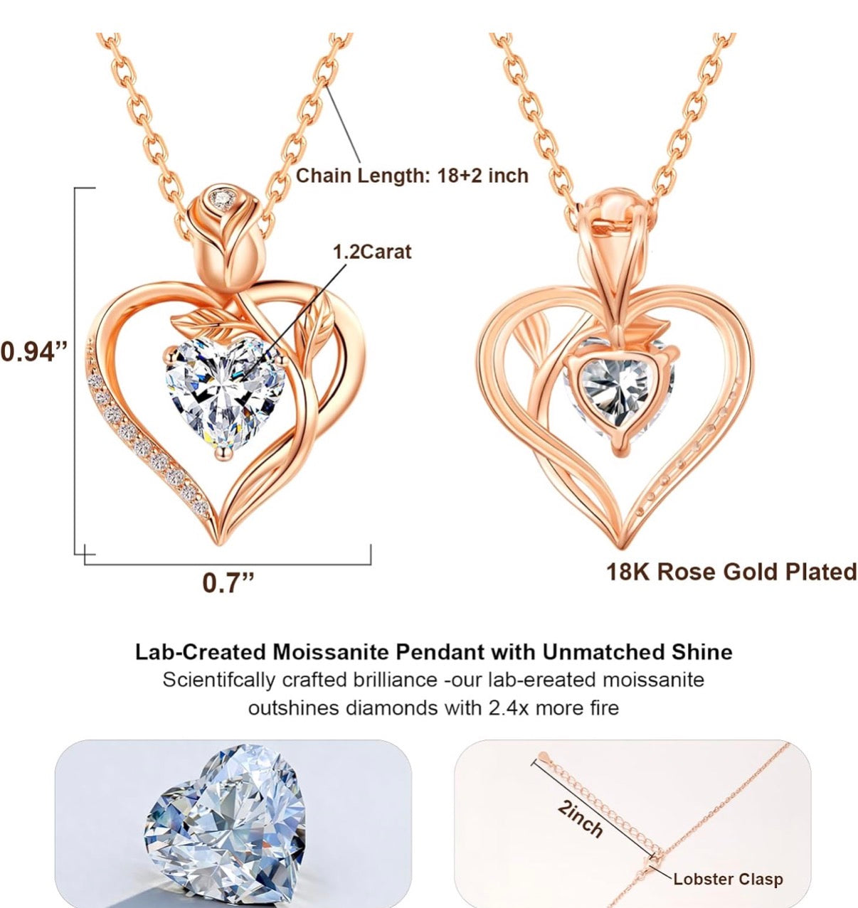 1.2CT Rose Heart Moissanite Necklace for Women Jewelry D Color VVS1 S925 Sterling Silver 18K Rose Gold Plated