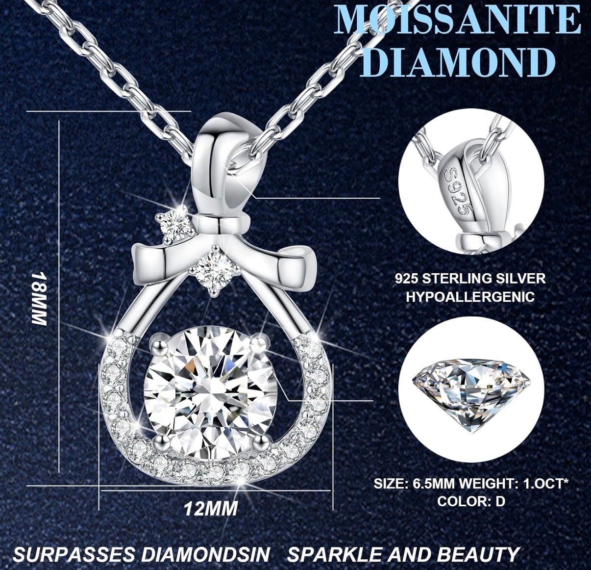 Moissanite Pendant Necklace for Women 925 Sterling Silver 1 Carat