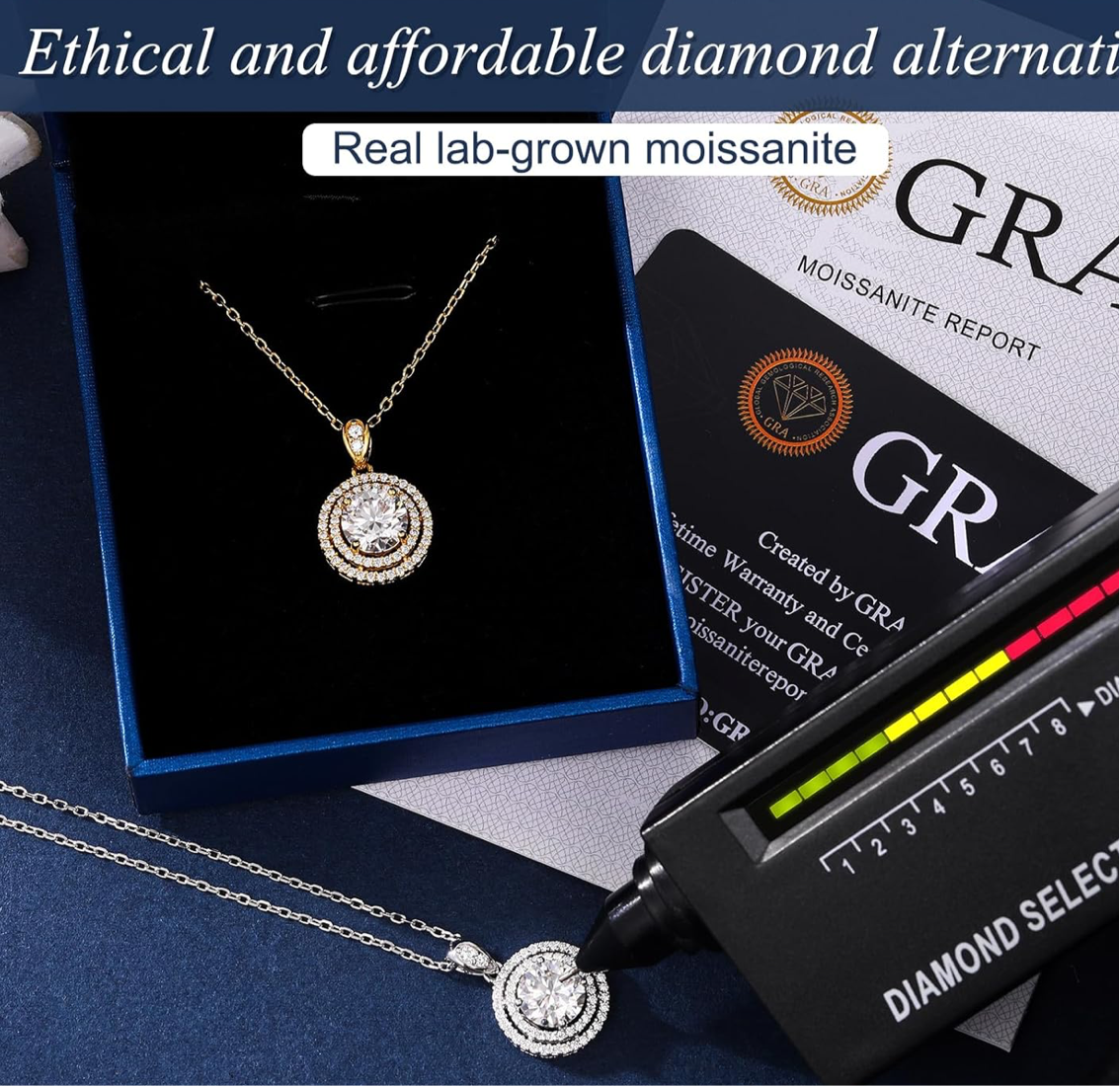 18K Gold Vermeil Imitation Necklace for 1 Ct Moissanite Sterling Silver .