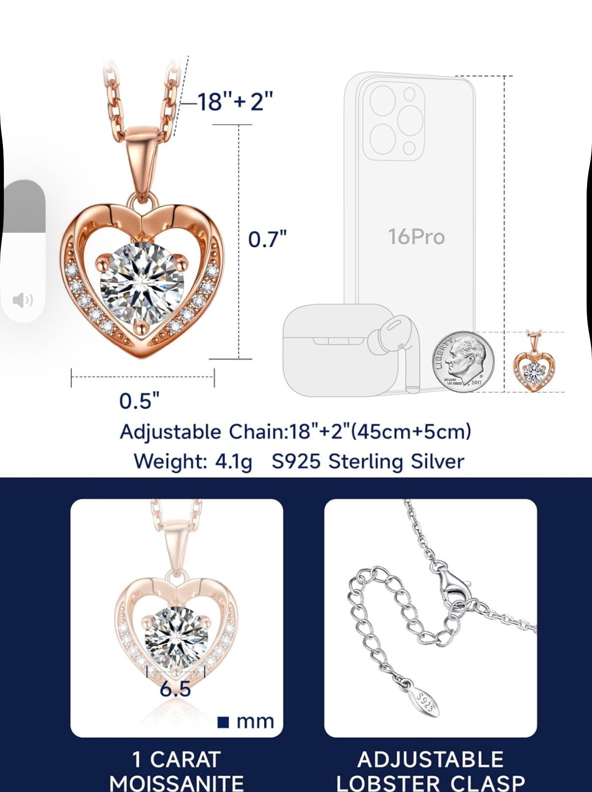 1 Ct Heart Necklace for Women Moissanite 925 Sterling Silver