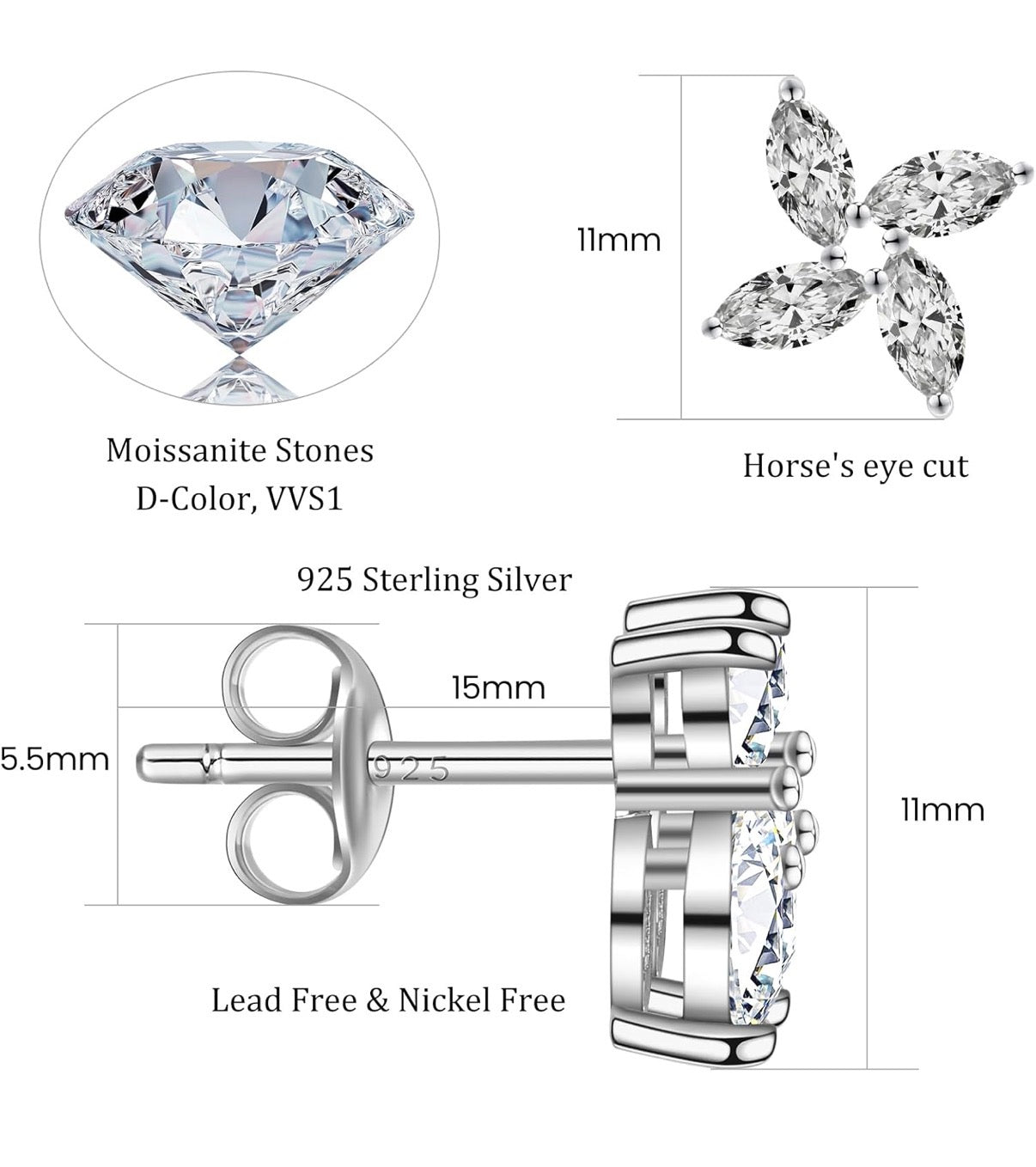 Moissanite PinWheel Earrings D Color VVS1 Clear Moissanite Earrings 18K Gold Plated 925 Sterling Silver