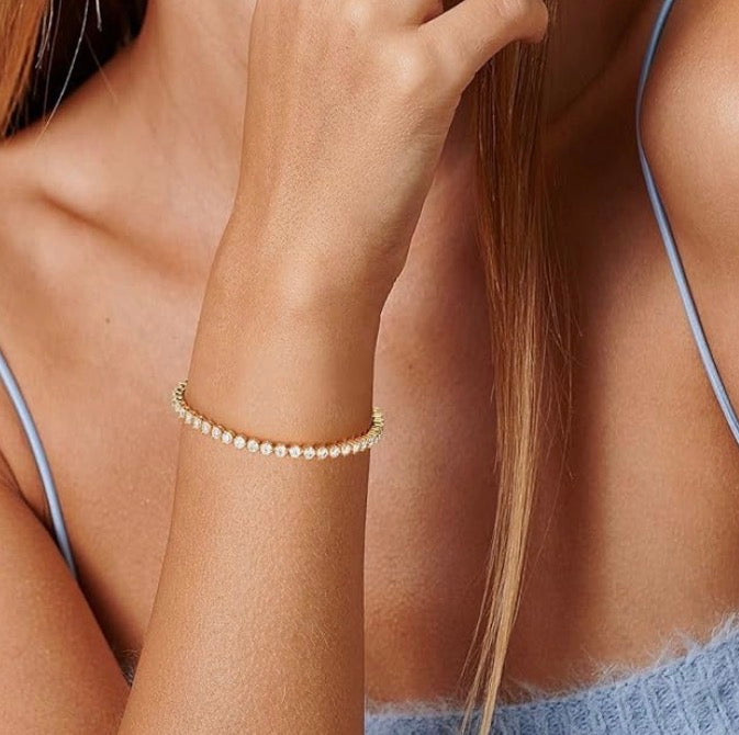 Moissanite Sterling Silver Yellow Gold Tennis Bracelet White Gold Plated 925 Silver Chain - Gold Prong Setting Sparkling VVS1 Solitaire