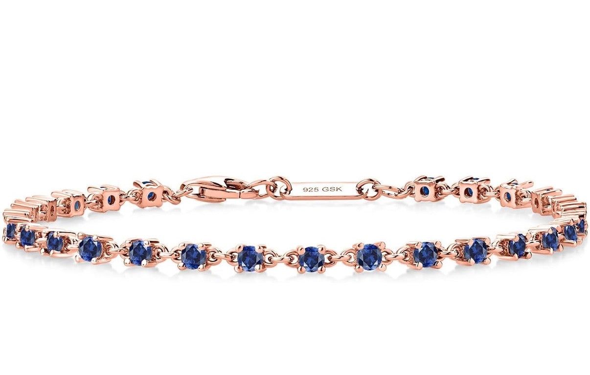 Blue Created Sapphire Tennis Bracelet Rose Gold 925 Sterling Silver 1.76 Carats 2.5MM Gemstone