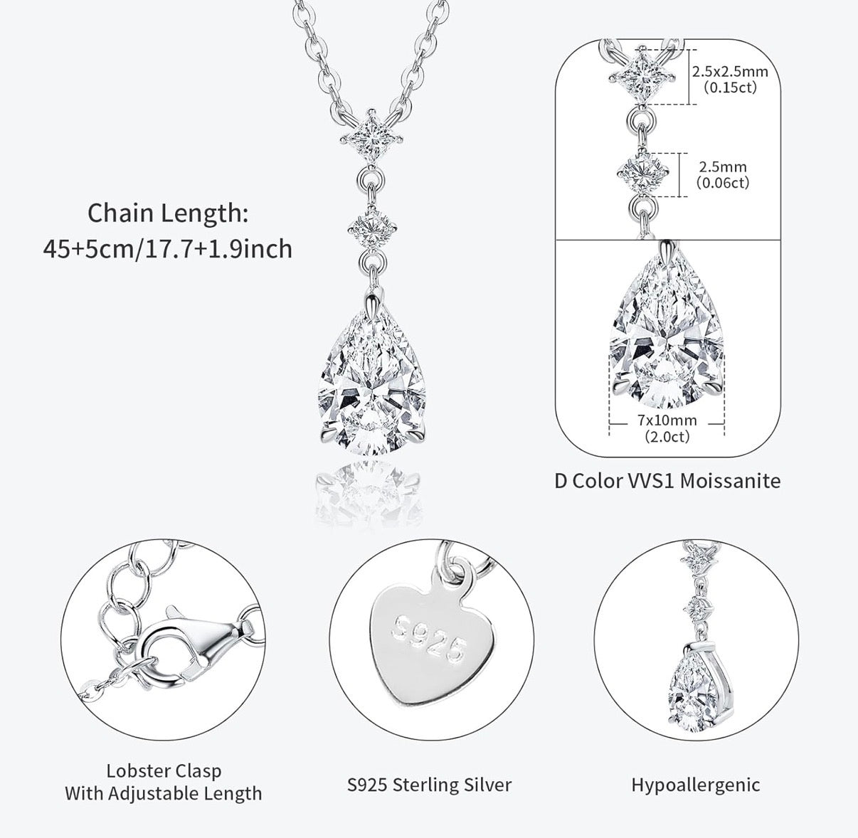 2CT Pear Cut Moissanite Pendant Necklace D Color VVS1 925 Sterling Silver Dainty Pendant.