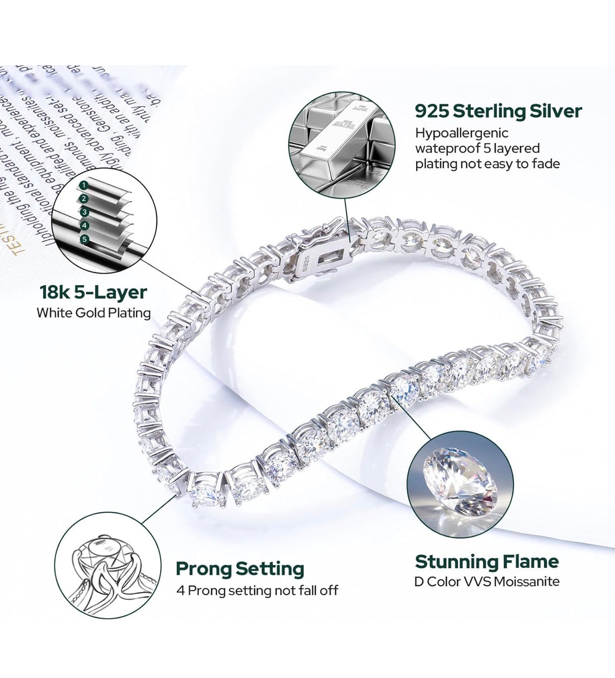 4MM Moissanite Tennis Bracelet for Women Round Cut D Color VVS1 | 18K White Gold Plated 925 Sterling Silver Size 6-7.5 Inch | GRA Certified