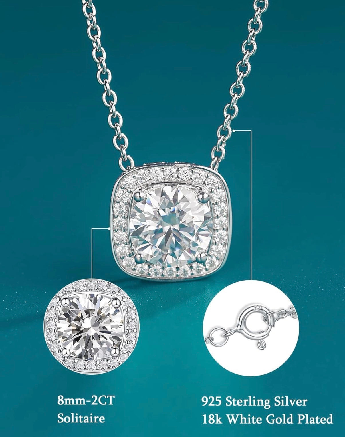 Moissanite Solitaire Pendant Necklaces for Women Sterling Silver with 18K White Gold Plated 1 Carat D Color VVS1 Clarity Mossanite