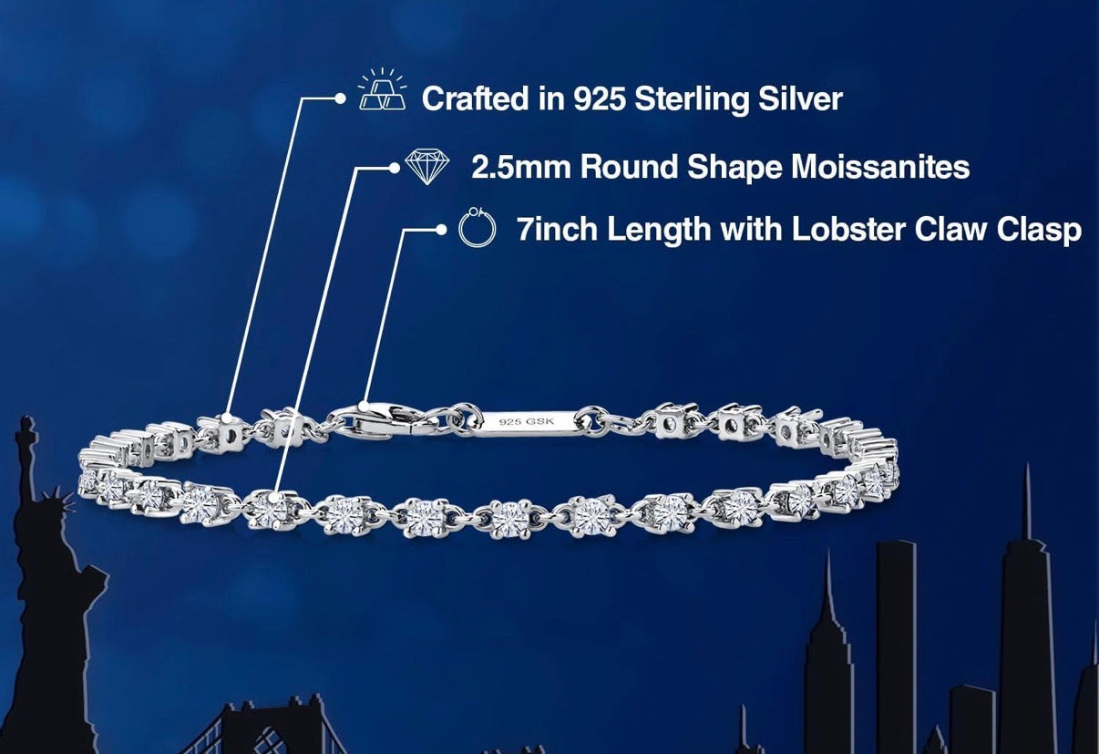 Moissanite Tennis Bracelet 925 Sterling Silver 1.76 Carat Round 2.5MM 7 Inch