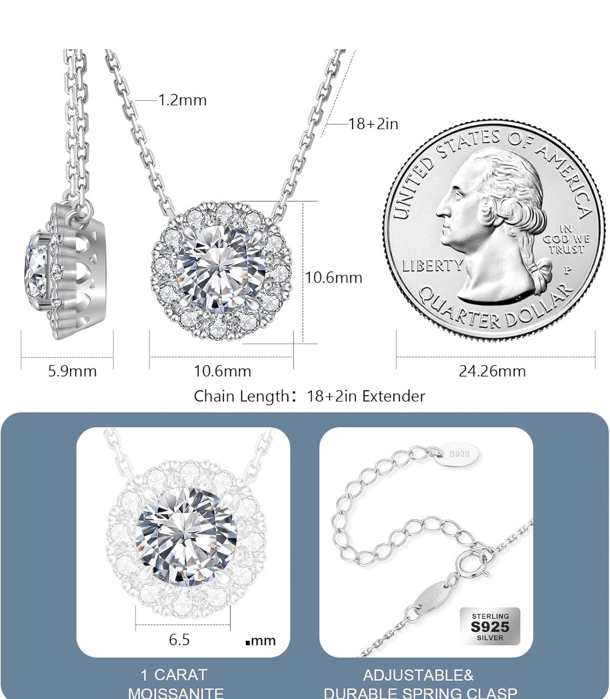 Moissanite Halo Necklace for Women, 0.3CT-1.0CT Lab Created Diamond with VVS1 Clarity D Color Moissanite Chain, White Gold Plated S925 Sterling Silver Necklace