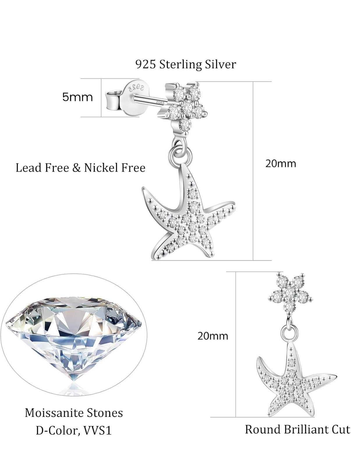 Moissanite StarFish Earrings D Color VVS1 Clear Moissanite Earrings 18K Gold Plated 925 Sterling Silver