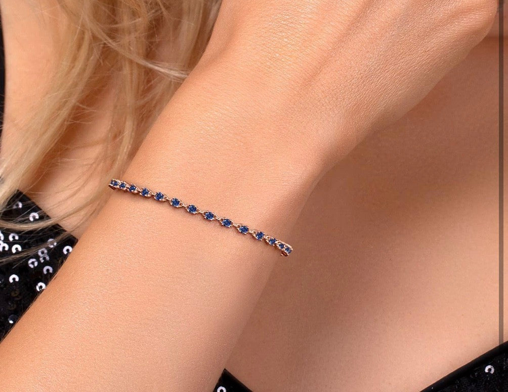 Blue Created Sapphire Tennis Bracelet Rose Gold 925 Sterling Silver 1.76 Carats 2.5MM Gemstone