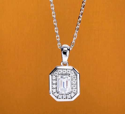 Pendant Emerald Cut Necklace for Women 2 Ct Center Stone D Color VVS1 Clarity Round Brilliant Cut 925 Sterling Silver