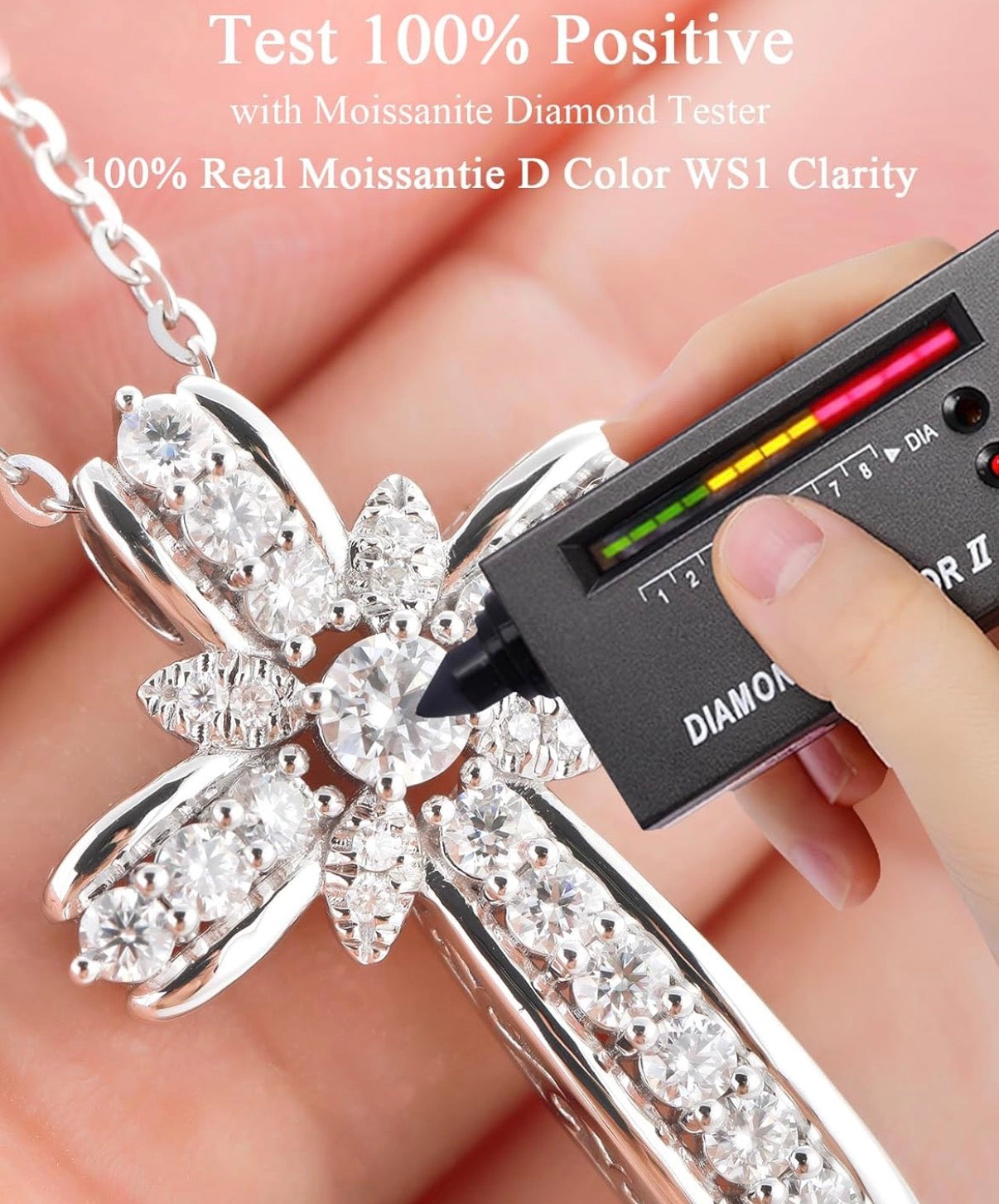 Christian Cross Moissanite Pendant Necklace for Women, D Color VVS1 925 Sterling Silver Plated 18k White Gold 20 Inches Chain