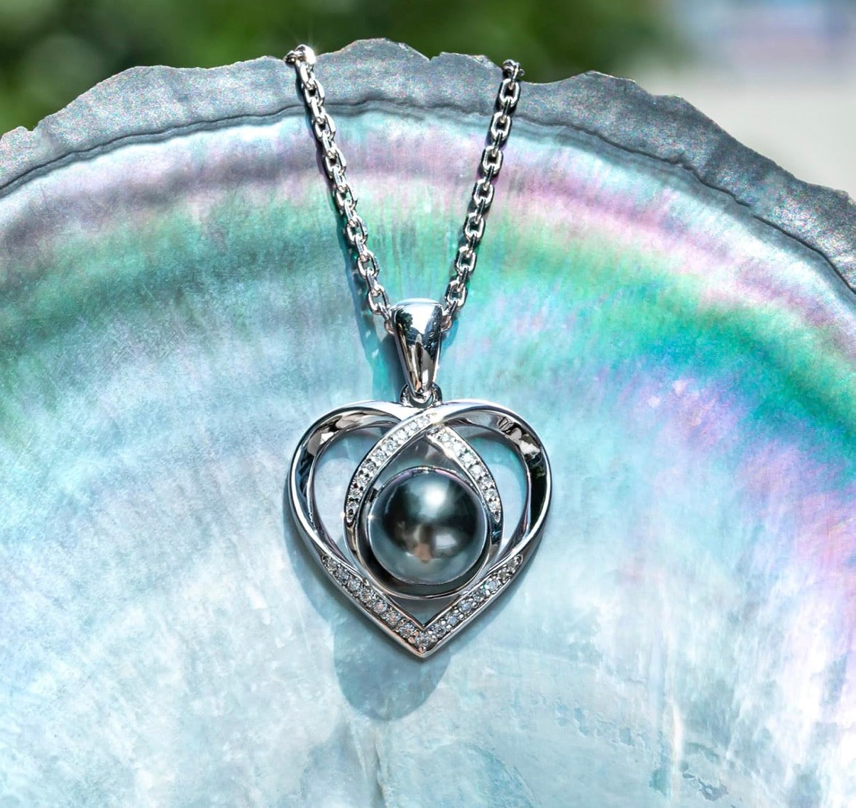 Genuine Tahitian Black Pearl with Moissanite Heart Pendant Necklace Black Pearls Sterling Silver