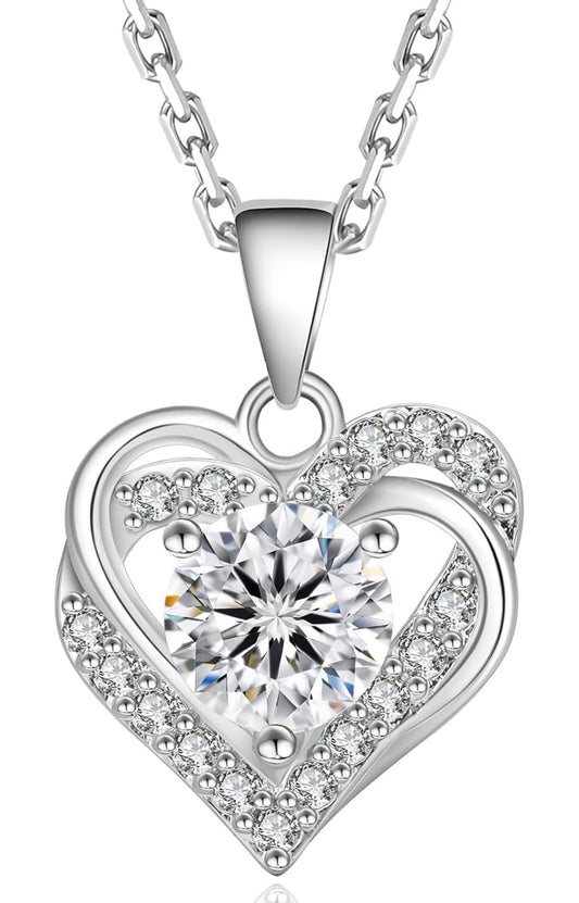 Moissanite Heart Necklace for Women, 0.3CT-1.0CT Lab Created Diamond with VVS1 Clarity D Color Moissanite Chain, White Gold Plated S925 Sterling Silver Necklace