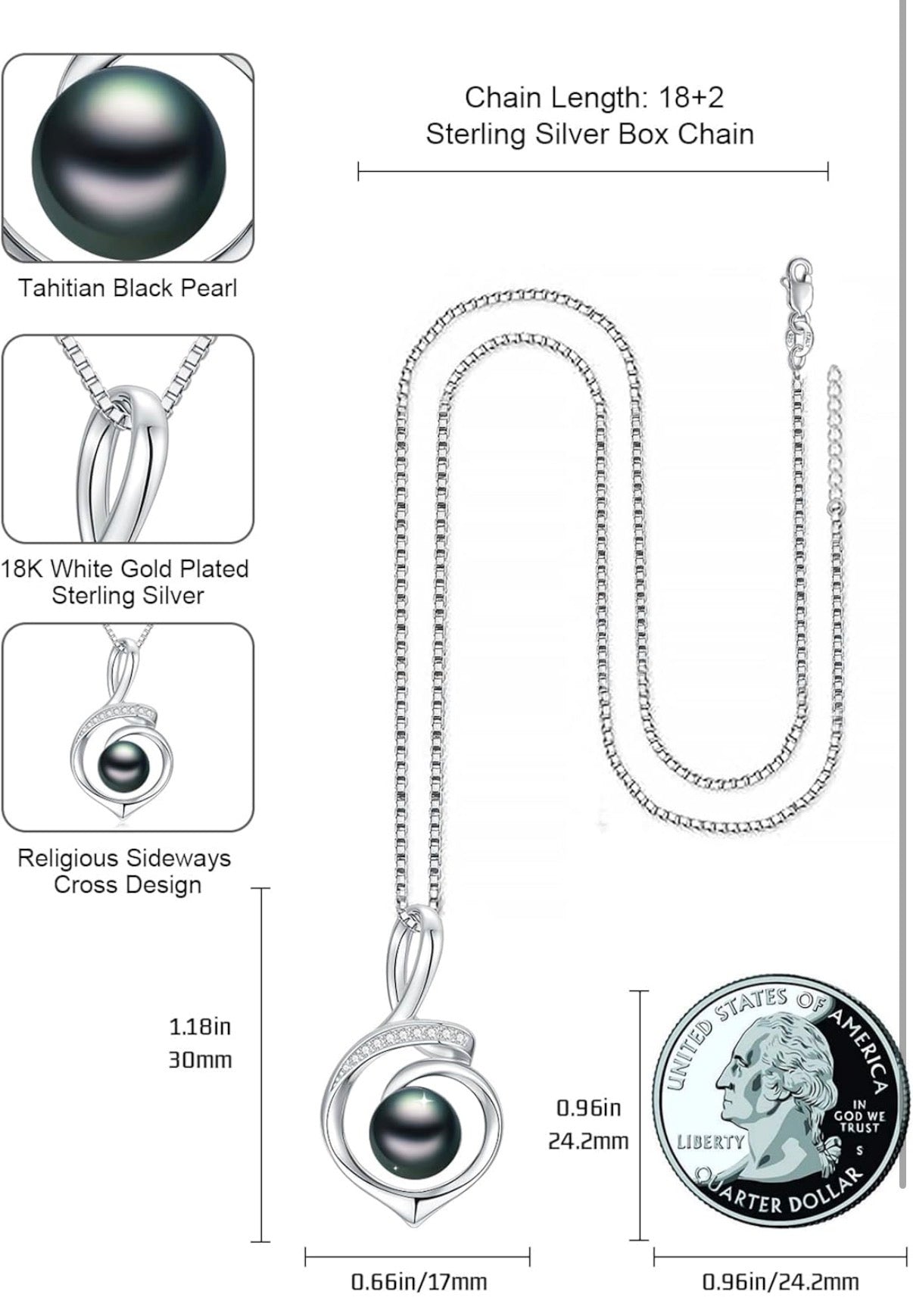 Tahitian Black Pearl AAAA 18K Gold Plated Sterling Silver Pendant Necklace for Women