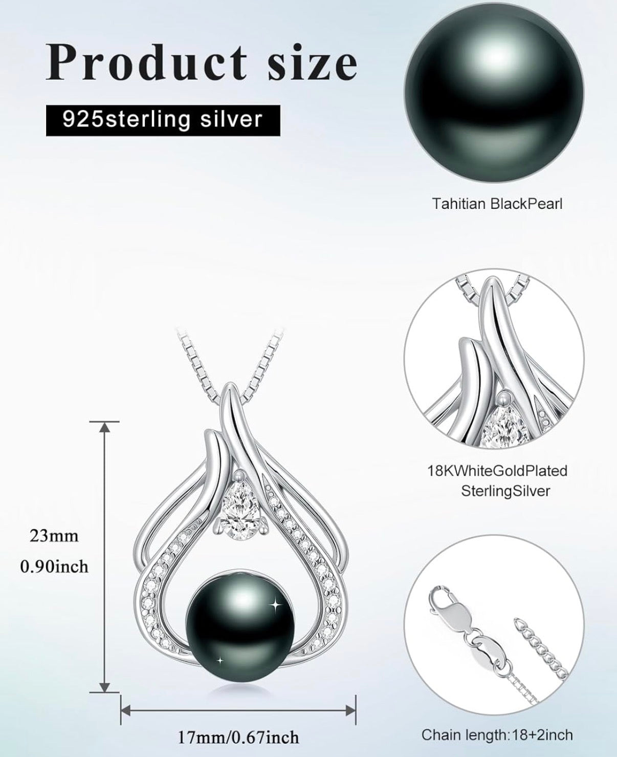 Tahitian Black Pearl AAAA 18K Gold Plated Sterling Silver Pendant Necklace for Women