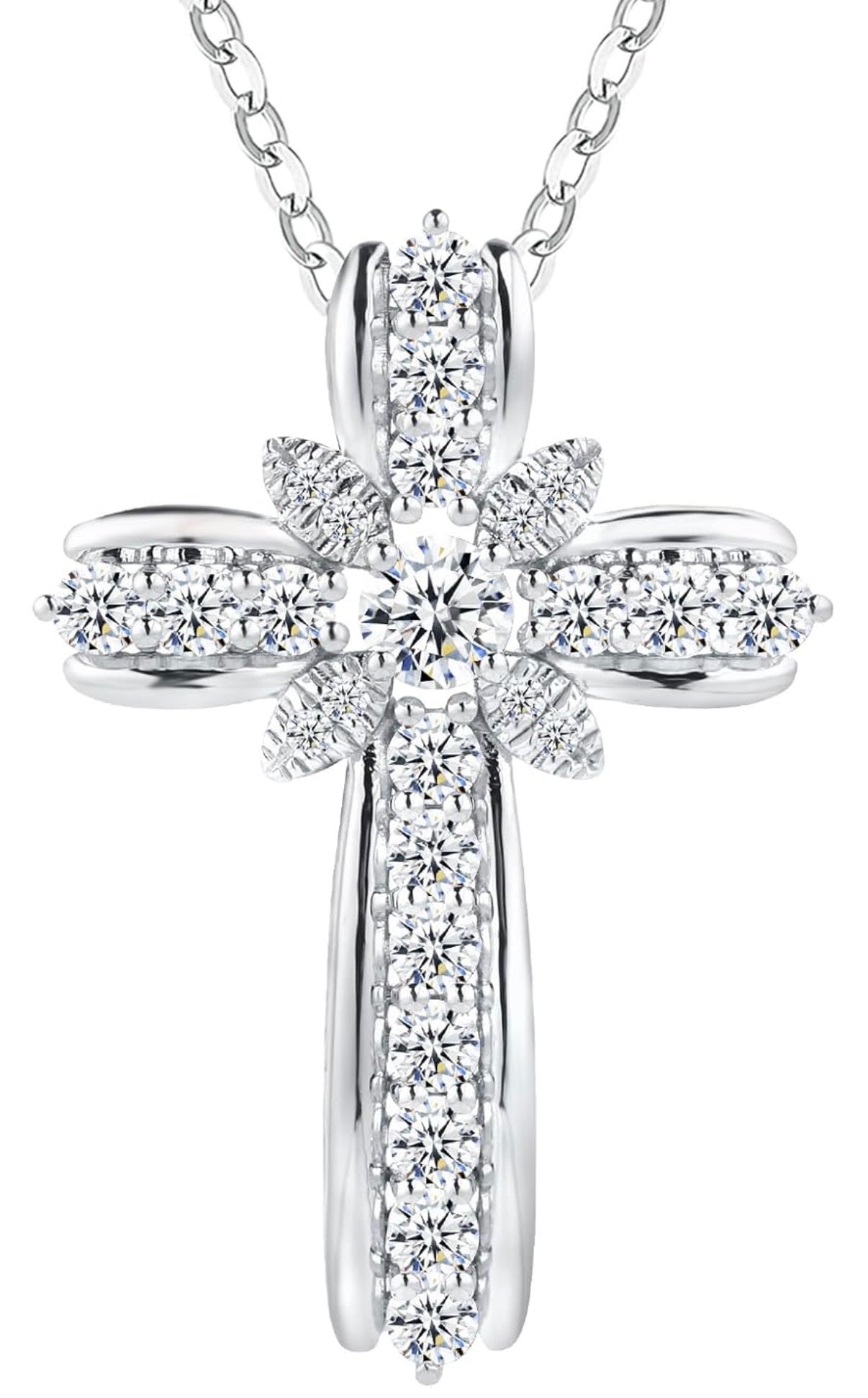 Christian Cross Moissanite Pendant Necklace for Women, D Color VVS1 925 Sterling Silver Plated 18k White Gold 20 Inches Chain