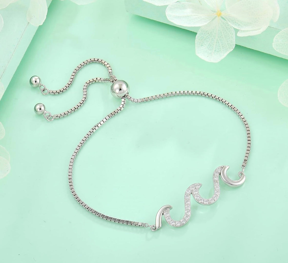 925 Sterling Silver Wave Bracelet for Women Adjustable Beach Ocean