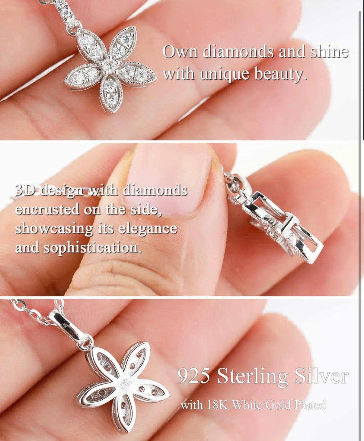 Flower Moissanite Pendant Necklace for Women, D Color VVS1 925 Sterling Silver Plated 18k White Gold 20 Inches Chain