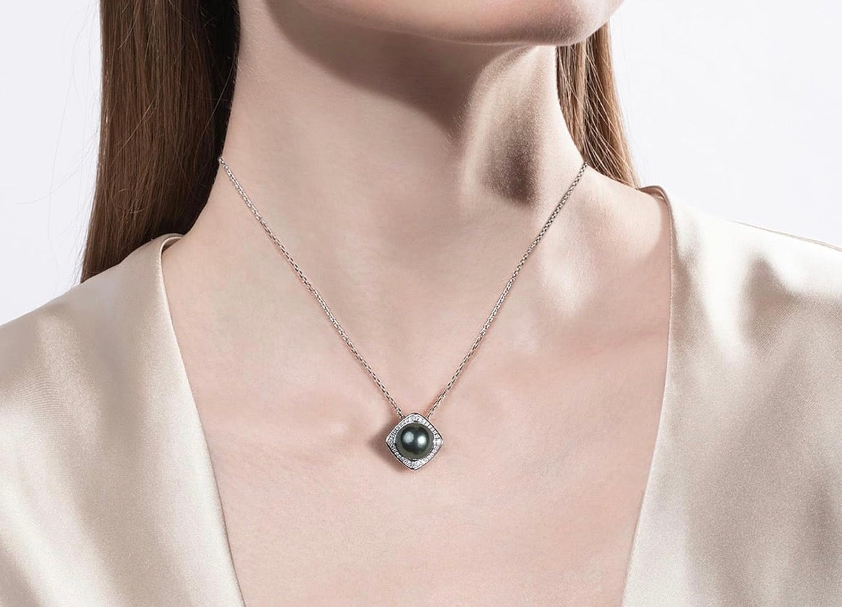 Genuine Tahitian Black Pearl with Moissanite Heart Pendant Necklace Black Pearls Sterling Silver