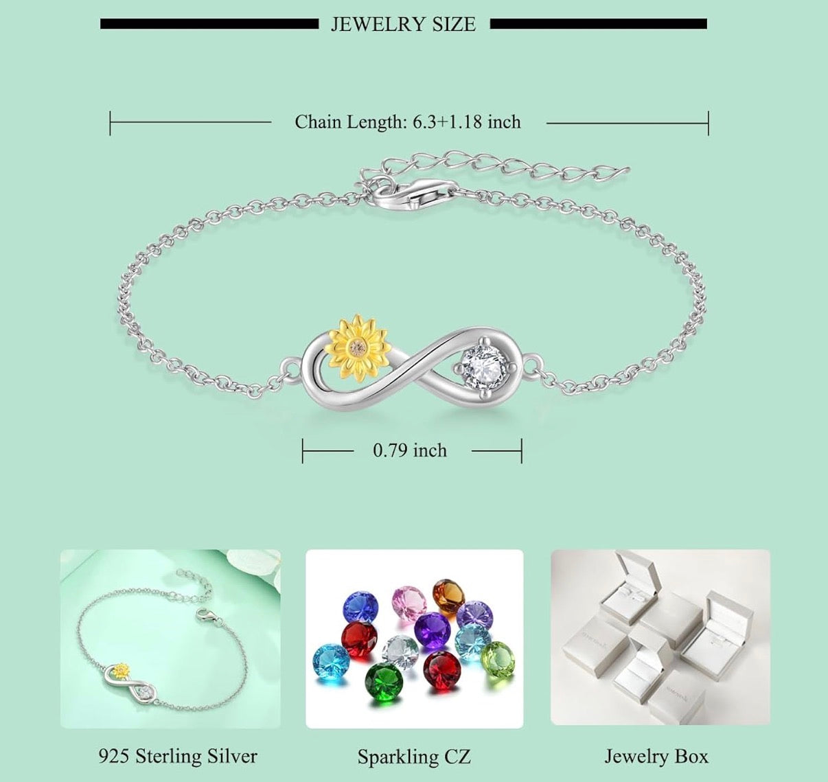 925 Sterling Silver Sunflower Bracelet Adjustable Infinity