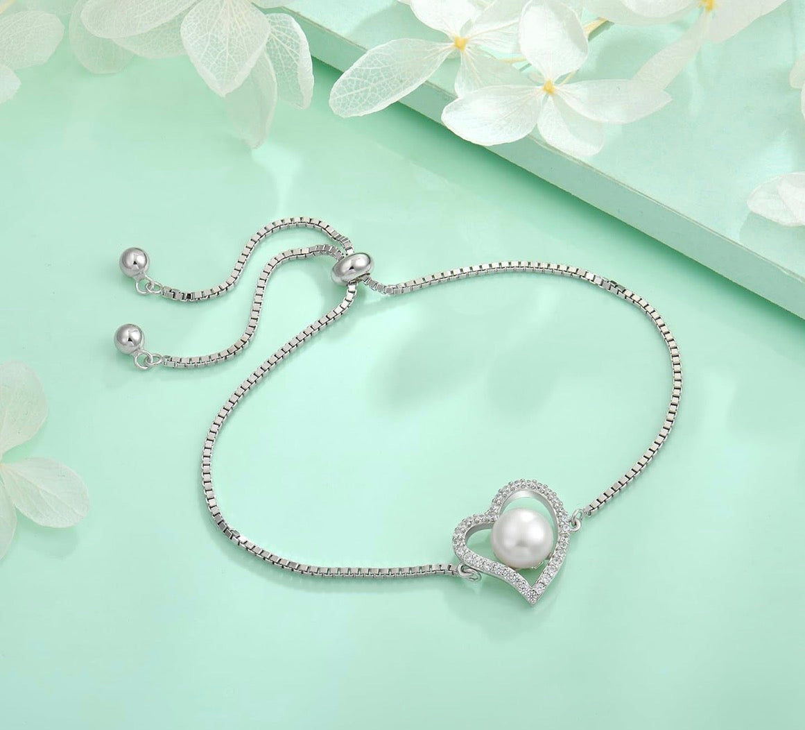 925 Sterling Silver Freshwater Cultured Pearl Bracelet Heart Adjustable Chain