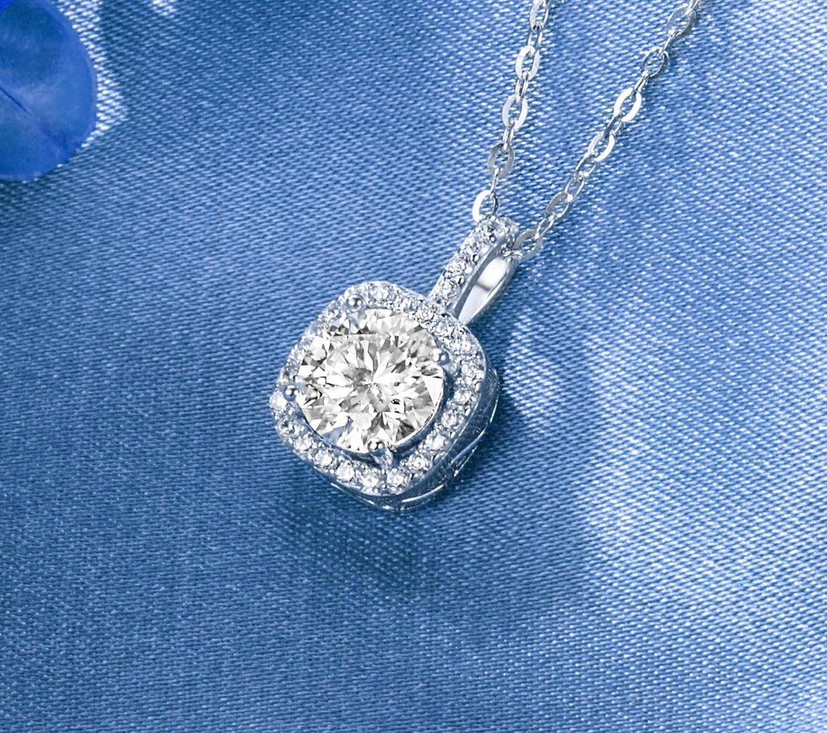 1 Carat Square Halo Style Moissanite 925 Sterling Silver Pendant Necklace Silver Earrings 18K White Gold Plated