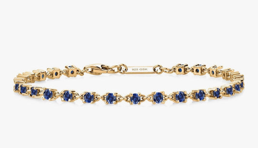 Blue Created Sapphire Tennis Gold Tone Bracelet 925 Sterling Silver 1.76 Carats 2.5MM Gemstone