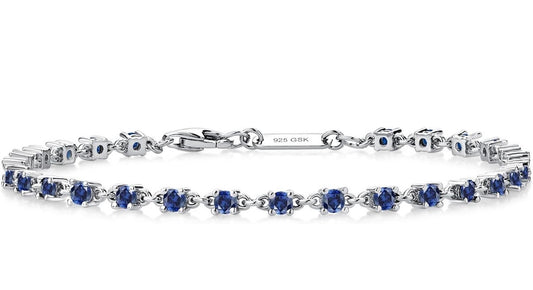 Blue Created Sapphire Tennis Bracelet 925 Sterling Silver 1.76 Carats 2.5MM Gemstone