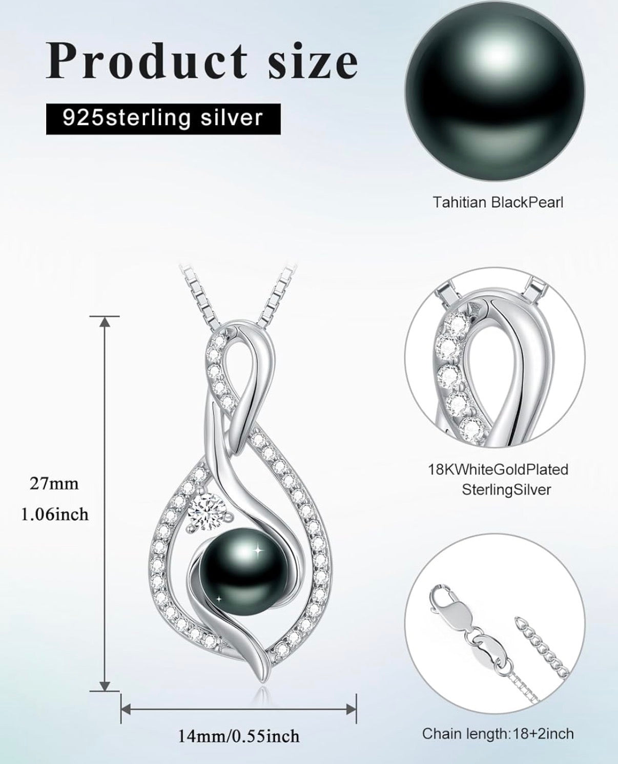 Tahitian Black Pearl AAAA 18K Gold Plated Sterling Silver Pendant Necklace for Women
