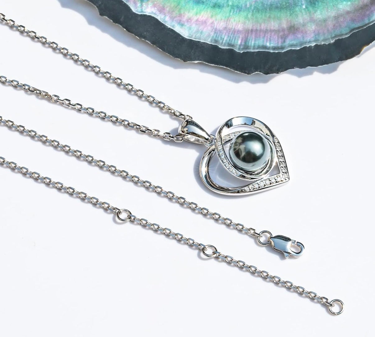 Genuine Tahitian Black Pearl with Moissanite Heart Pendant Necklace Black Pearls Sterling Silver