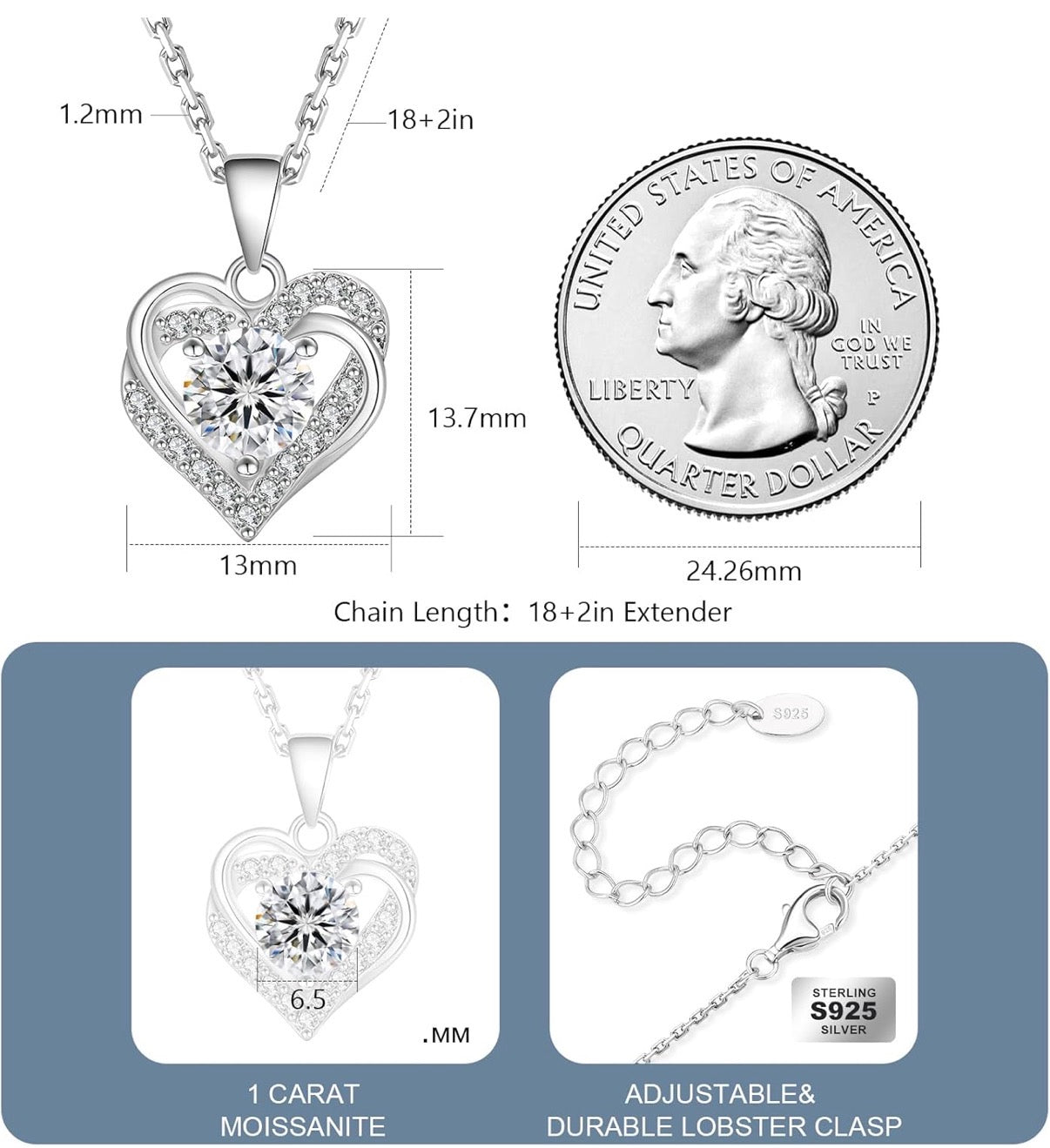 Moissanite Heart Necklace for Women, 0.3CT-1.0CT Lab Created Diamond with VVS1 Clarity D Color Moissanite Chain, White Gold Plated S925 Sterling Silver Necklace