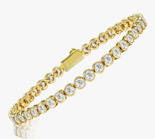 Moissanite Yellow Gold Tennis Bracelets for Women White Gold Plated 925 Sterling Silver Round Chain Sparkling 3mm Diamond VVS1 D Color Solitaire.